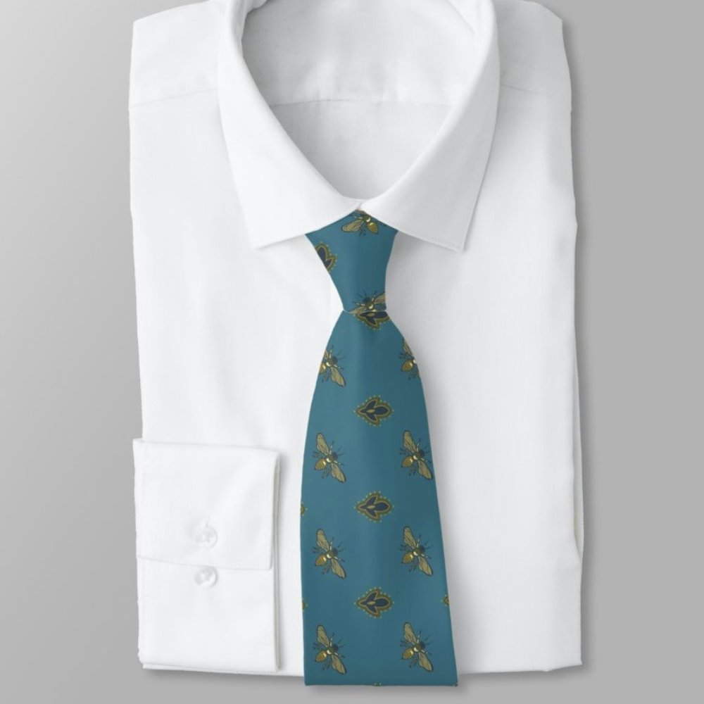 Zazzle Honey Bee Print Tie Teal & Gold | New in Package
